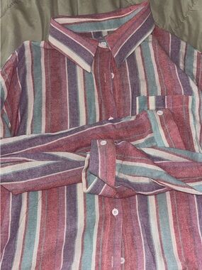 SHEIN Multicolor Striped Button-Down Shirt - Pink, Purple, Teal, White